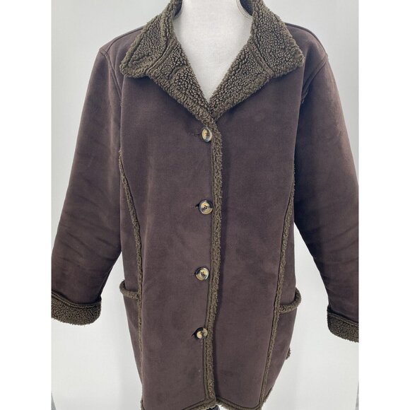 L.L. Bean Women's Faux Suede Coat Button Front Mid-Length Brown Faux Sherling LP - Picture 1 of 10